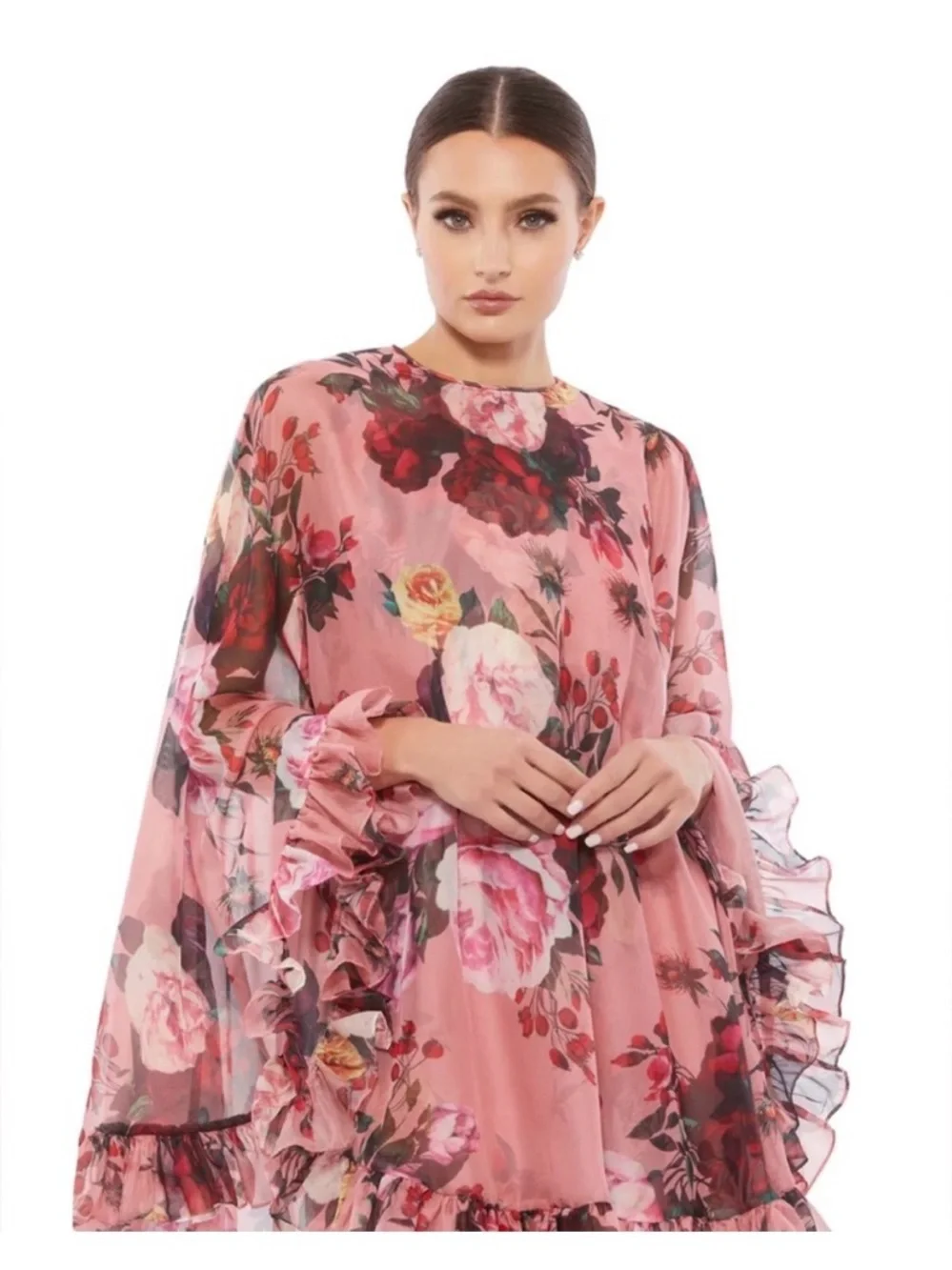 MAC DUGGAL PINK MULTICOLOR FLORAL PRINT HIGH NECK RUFFLE HEM CAPE MINI DRESS - Picture 2 of 6